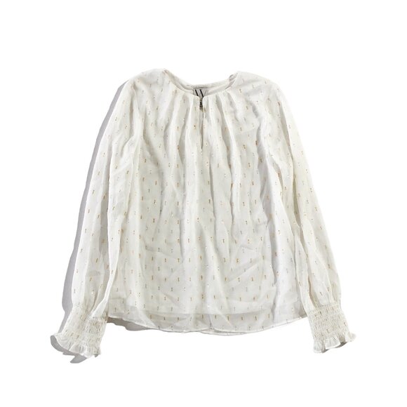 Worthington Blouse Womens Sz XS White Gold/Silver Details Round Neck Long Sleeve - Picture 1 of 7